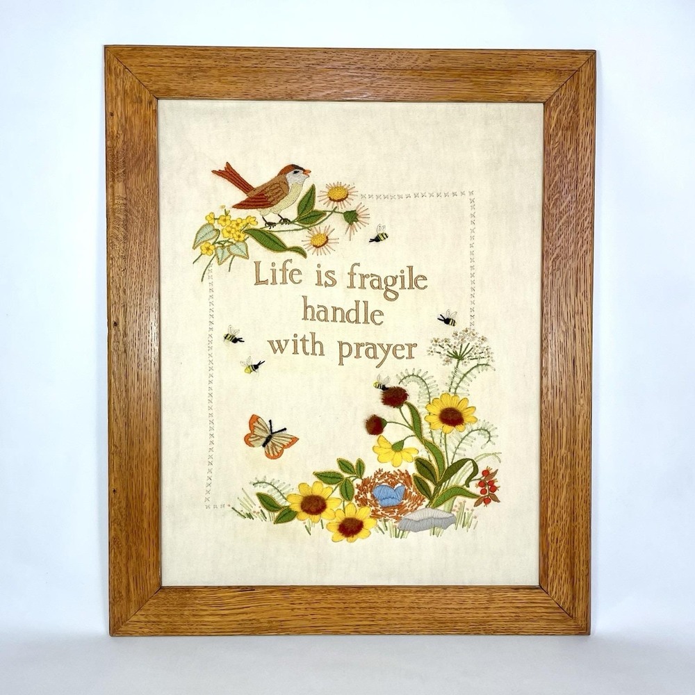 Vintage 1979 Crewel Wall Art Life Is Fragile Handle With Prayer 22x27 Framed